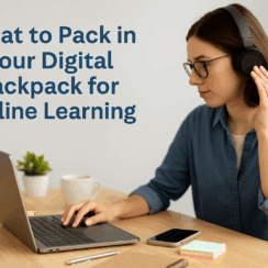 Digital backpack essentials for online learning with laptop and headphones”