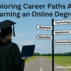 exploring career paths after earning an online degree cartoon with signs pointing in each direction