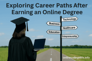 exploring career paths after earning an online degree cartoon with signs pointing in each direction