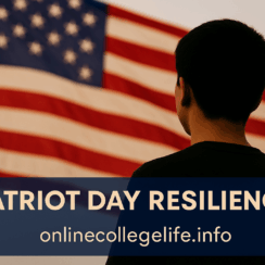 man looking at US flag remembering patriot day