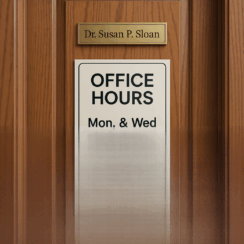 office door with a sign about office hours